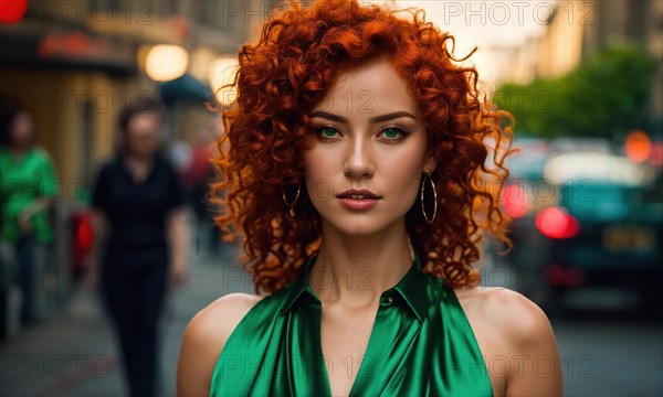 Beautiful young woman with red curly hair in a green dress in the city at night. ai generative, AI generated
