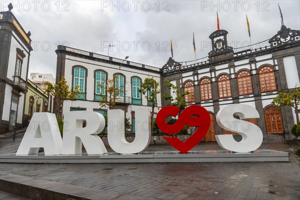 Tourist sign with the beautiful letters of the municipality of Arucas, Gran Canaria, Spain, Europe