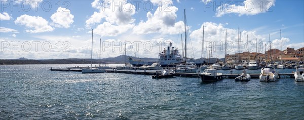 Boats in the harbour, panoramic view, Maddalena, Isola La Maddalena, Sardinia, Italy, Europe