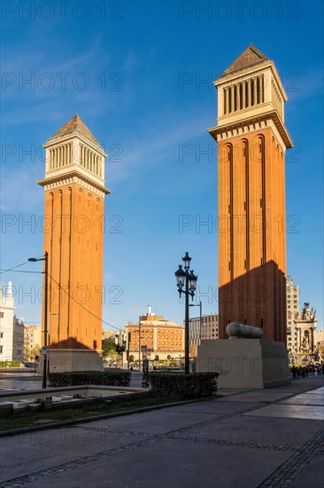 The Venetian Towers, Torres Venecianes or Venetian Towers in the morning light at Placa Espana in Barcelona, Spain, Europe