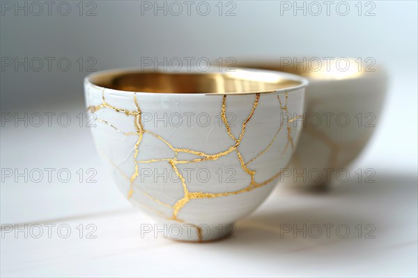 Japanese Kintsugi bowl with ceramic repair technique that uses lacquer mixed with powdered gold. KI generiert, generiert, AI generated