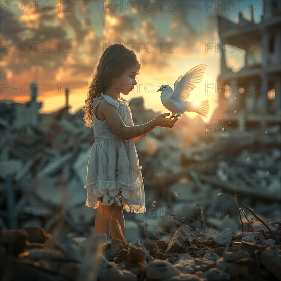 In destroyed surroundings, a girl holds a dove while the sun sets, destroyed houses, war, dove of peace, AI generated