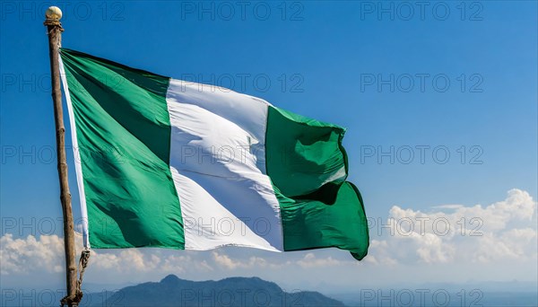 The flag of Nigeria flutters in the wind, isolated against a blue sky