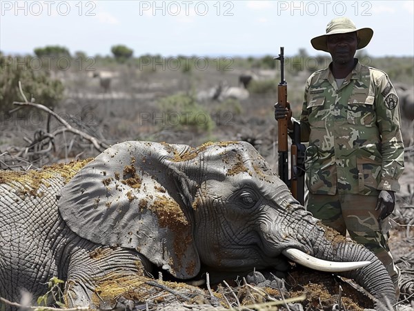 Elephant hunting in Africa, AI generated