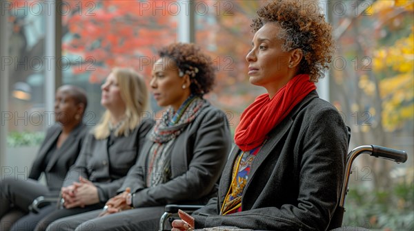 Group of people with diverse ages sitting on a wheelchair and bench outdoors in autumn, AI generated