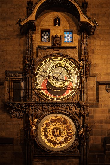 Clock, calendar, sun hand, moon hand, apostle clock Prague, Prague City Hall, sightseeing, tourist attraction, apostle clock, illumination, night, building, apostle clock, Prague, Czech Republic, Europe