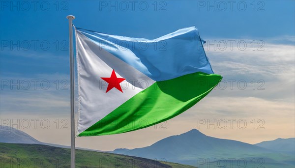 The flag of Djibouti, Djibouti flutters in the wind, isolated, against the blue sky