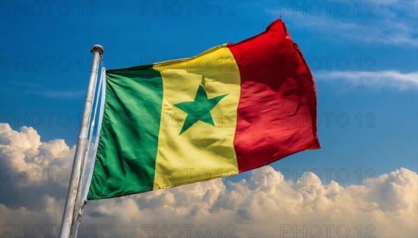 The flag of Senegal, fluttering in the wind, isolated, against the blue sky