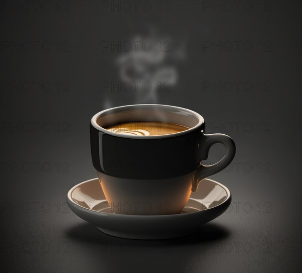 Hot coffee in a black and white ceramic cup. The espresso is hot and short. Generative AI image, AI generated