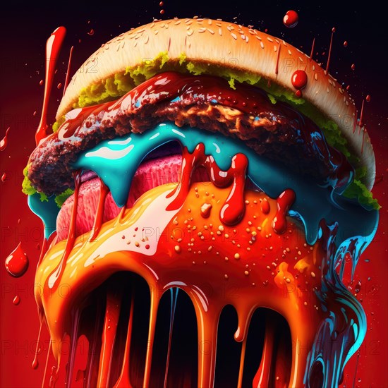 Hamburger bun filled with red and blue sauces. Representative image of junk food. Generative AI image, AI generated