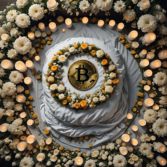 Conceptual image depicting a bitcoin symbol on a funeral wreath, symbolizing the demise of cryptocurrency, AI generated