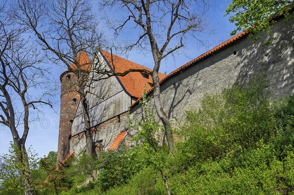 Brick tower of St Blasius Church and town wall, Kaufbeuern, Allgaeu, Swabia, Bavaria, Germany, Europe