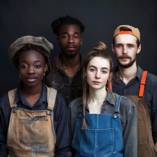 Portrait of a harmonious group of six young adults in work clothes, group picture with people in work clothes of different nationalities and cultures, KI generated, AI generated