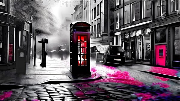 AI generated bustling street scene monochromatic snapshot with colorful digital elements