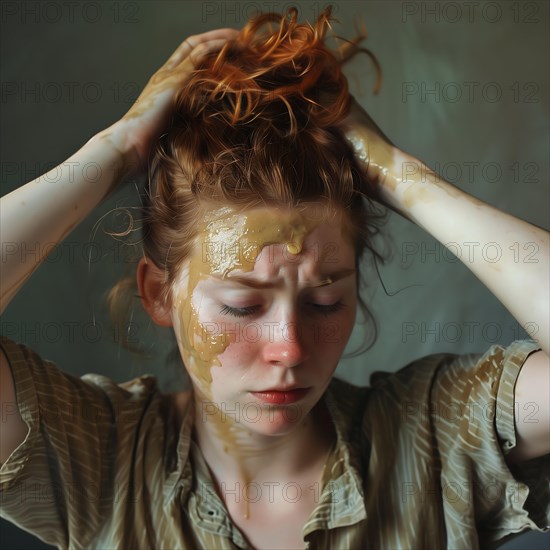 A woman with red hair and honey on her face seems to be emotionally burdened, hair washing, hair colouring, AI generated