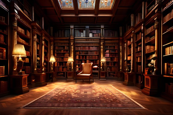 AI generated old library with antique wooden bookshelves