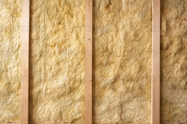 Close up of wall with mineral wool isolation between wooden beams. KI generiert, generiert, AI generated