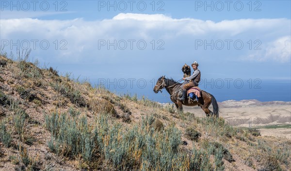 Traditional Kyrgyz eagle hunter riding with eagle in the mountains, hunting on horseback, near Bokonbayevo, Issyk Kul region, Kyrgyzstan, Asia