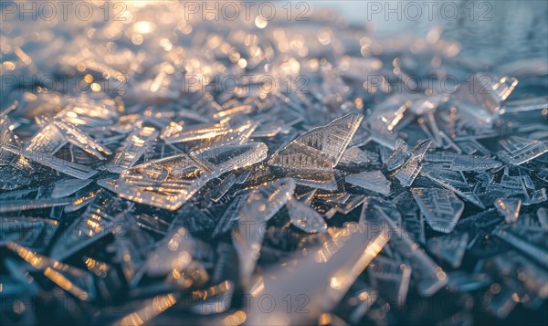 Close-up of intricate ice formations on the surface of a frozen lake AI generated