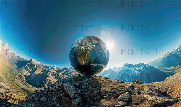 An Earth globe set against a mountain backdrop with a clear blue sky AI generated