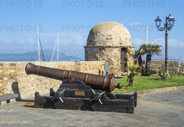 Medieval cannon with watchtower at fortress wall of Alghero, Sardinia, Italy, Mediterranean, Southern Europe, Europe