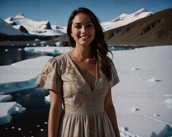 Portrait of a young woman smiling at camera in front of icebergs. ai generative, AI generated