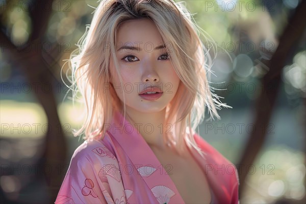 Beautiful young woman with pink kimono with blurry trees in background. KI generiert, generiert, AI generated