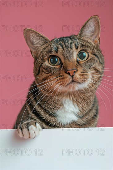 Tabby cat holding empty white paper in front of pink studio background with copy space. Generative Ai, AI generated