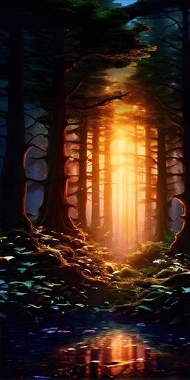 AI generated ethereal mystical forest scene with digital glow effects