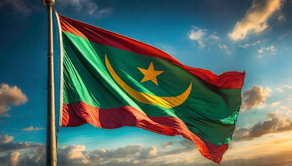 The flag of Mauritania, Mauritania, flutters in the wind, isolated against a blue sky, Africa