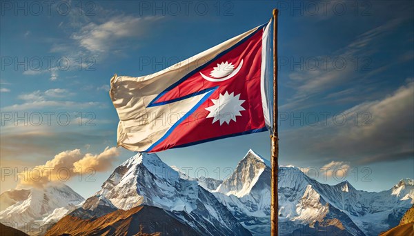 The flag of Nepal, fluttering in the wind, isolated against a blue sky