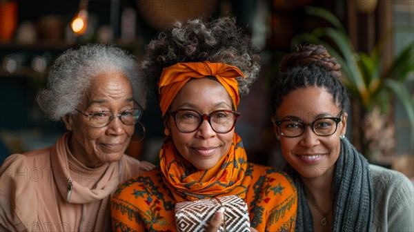 Three generations of women from African descent are smiling together in a cozy indoor setting, AI generated