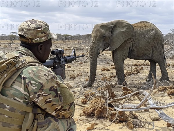 Elephant hunting in Africa, AI generated