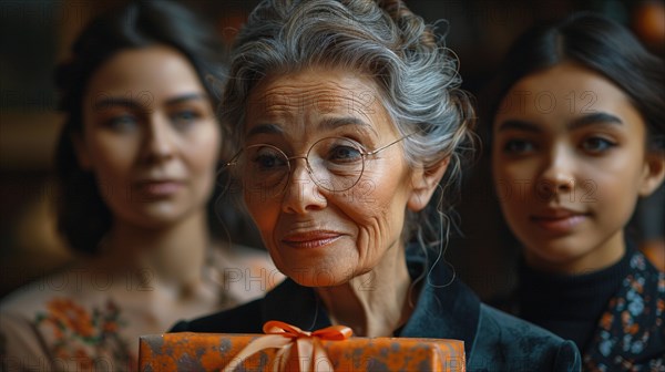 An elegant elderly woman with a subtle smile and glasses, anticipating the opening of a gift, AI generated
