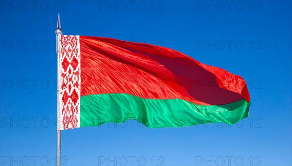 The flag of Belarus flutters in the wind, isolated, against the blue sky