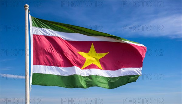 The flag of Suriname, fluttering in the wind, isolated, against the blue sky