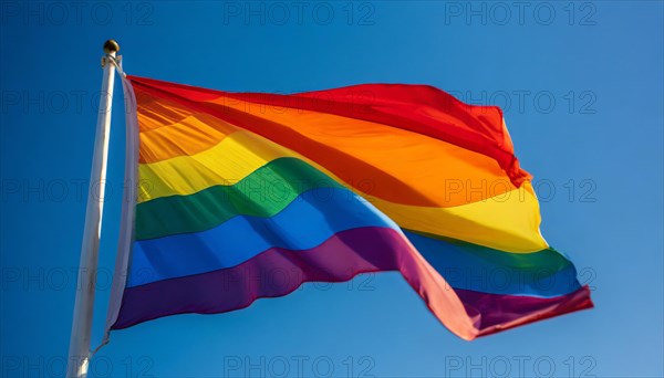 The rainbow flag flutters in the wind, isolated, against the blue sky. In many cultures around the world, such a flag expresses the mood for peace, new beginnings and change. It is also a symbol of tolerance and acceptance of the diversity of lifestyles, of hope and longing