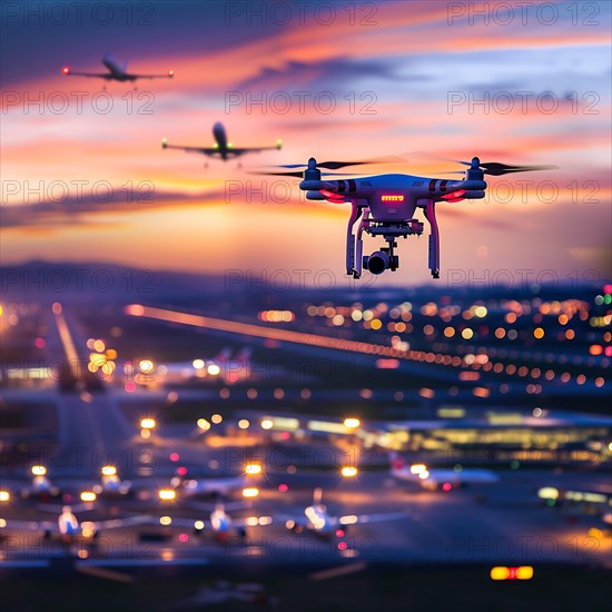 A drone overlooks an illuminated runway and an aeroplane during the blue hour, drone, attack, AI generated