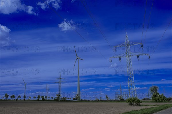 Power pylons with high-voltage lines on the K63 road with trees at the Avacon substation Helmstedt, Helmstedt, Lower Saxony, Germany, Europe