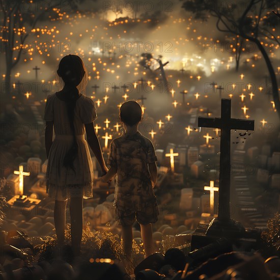 Two children are standing in an illuminated cemetery, it seems quiet and mystical, war, war graves, military cemetery, AI generated