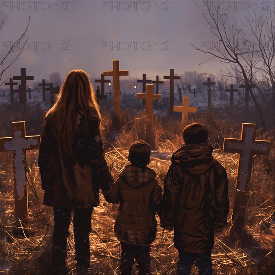 A family looks at a cemetery in the light of dawn between bare trees, war, war graves, military cemetery, AI generated