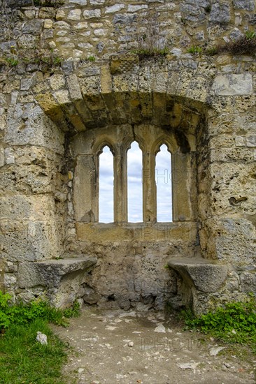 Gothic tracery window in an old fragment of wall, ruins of the medieval Hohenurach Castle, Bad Urach, Swabian Alb, Baden-Wuerttemberg, Germany, Europe