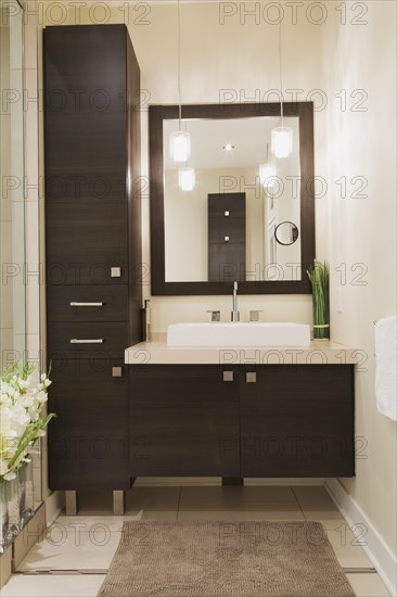 Contemporary brown laminated wood vanity with mirror in bathroom inside a renovated ground floor apartment in an old residential cottage style home, Quebec, Canada, North America