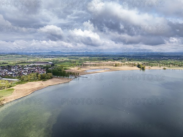 Aerial view of the western part of Lake Constance with the Radolfzeller Aachried and the Aach estuary surrounded by a reed belt, on the left the Lake Constance community of moss on the Hoeri peninsula with the boat harbour, Radolfzell am Lake Constance, district of Constance, Baden-Wuerttemberg Germany