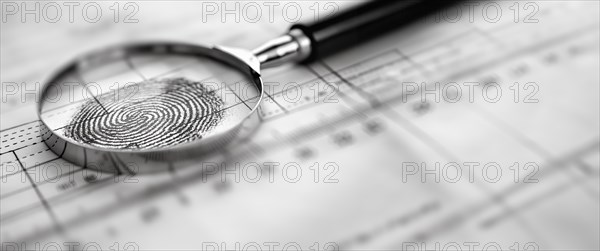 Magnifying glass resting on a fingerprint on paper. generative AI, AI generated