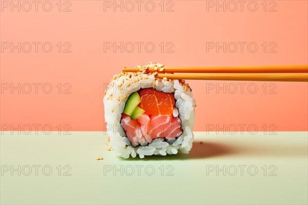Single piece of sushi with copsicks. KI generiert, generiert, AI generated