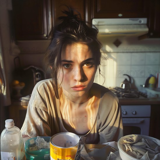 Young woman in house clothes sits tired in a messy kitchen with warm morning light, No desire to clean up, AI generated