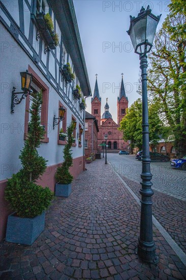 View of an old town, half-timbered houses and streets in a town. Seligenstadt am Main, Hesse Germany