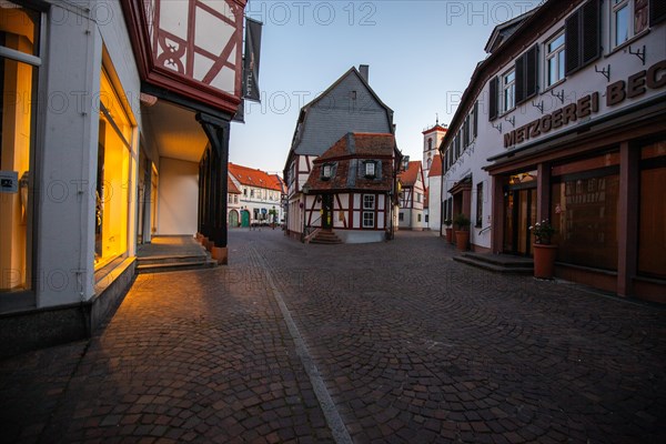 View of an old town, half-timbered houses and streets in a town. Seligenstadt am Main, Hesse Germany