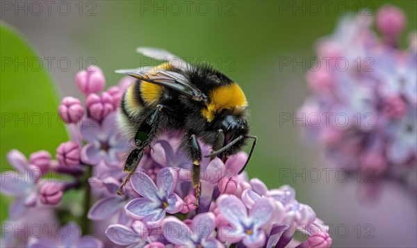 Close-up of a bumblebee pollinating lilac flowers AI generated